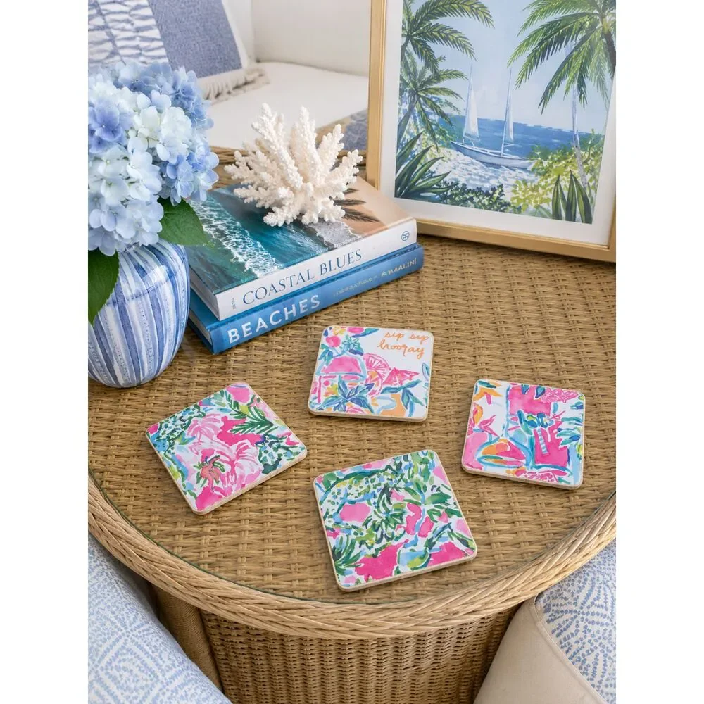 Set Of 4 Handmade Coasters Preppy Coastal Cottage Beachy Entertaining Hostess